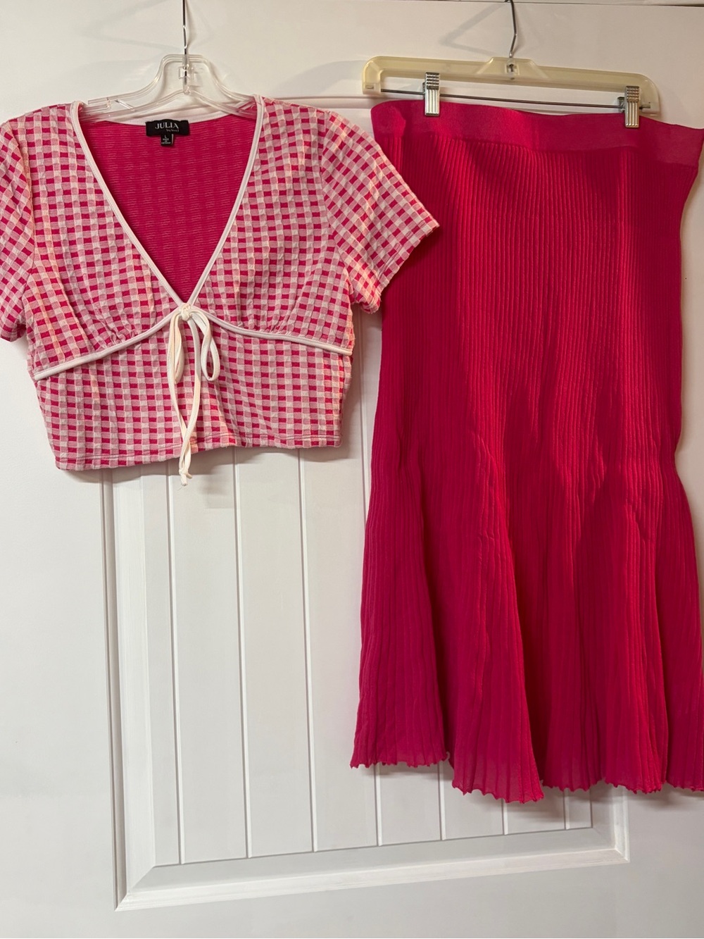 Julia Pink Gingham Tie-Front Crop Top & J. Crew Hot Pink Pleated Midi Skirt Set